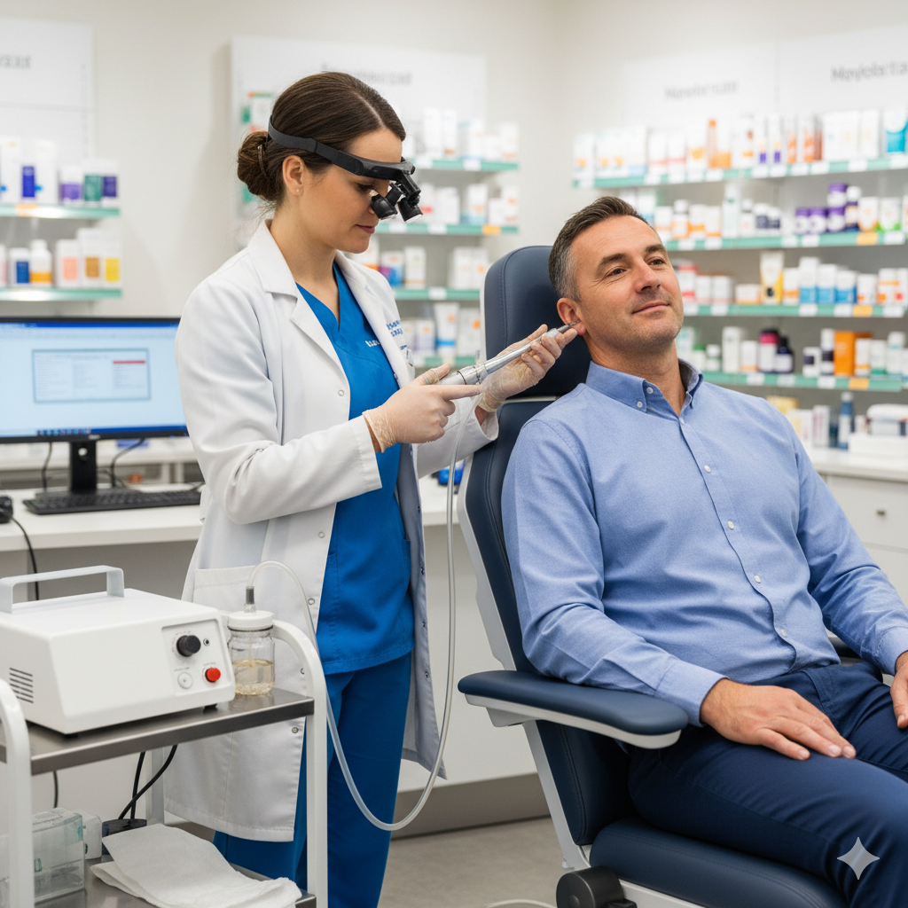 Safe earwax removal service at Jallas Pharmacy - Professional microsuction and irrigation treatments for ear health and hearing improvement in London